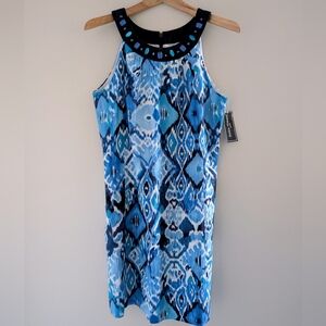 NWT Jessica Howard Blue Ikat Halter Linen Shift Dress Jewel 12P 12 Navy White